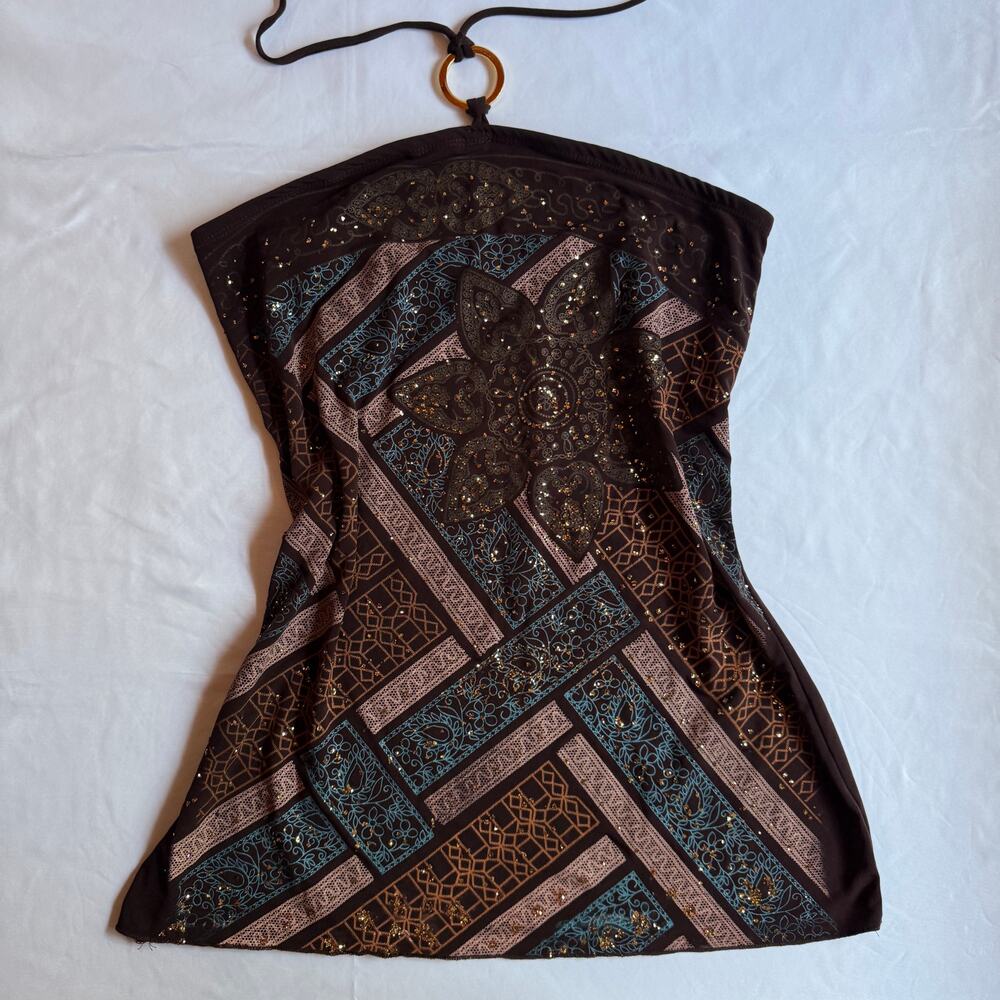 Y2K Brown Sequin Halter Top Seventeen Fashion Large Clubwear Going Out Party VTG